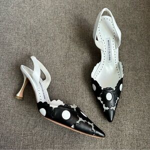 Manolo Blahnik white and black flowers mesh slingbacks